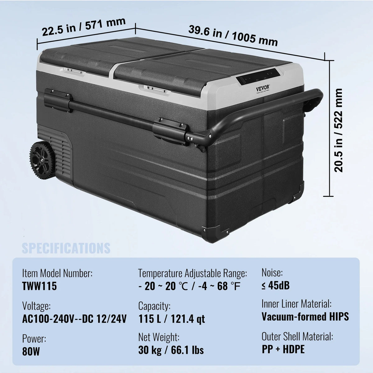 115L Car Refrigerator Car Refrigerator Fridge Dual Zone Freezer with Wheels and Handle -4℉-68℉ 12/24V DC