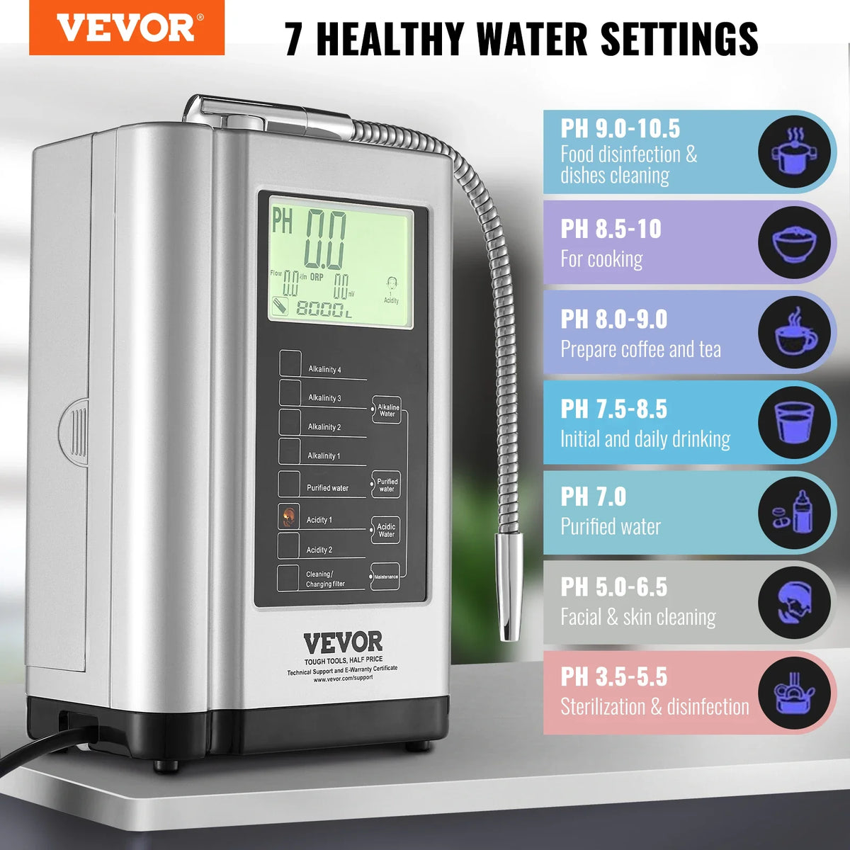 Alkaline Water Ionizer Machine,pH 3.5-10.5 Alkaline Acidic Hydrogen Water Purifier,7 Water Settings Home Filtration System