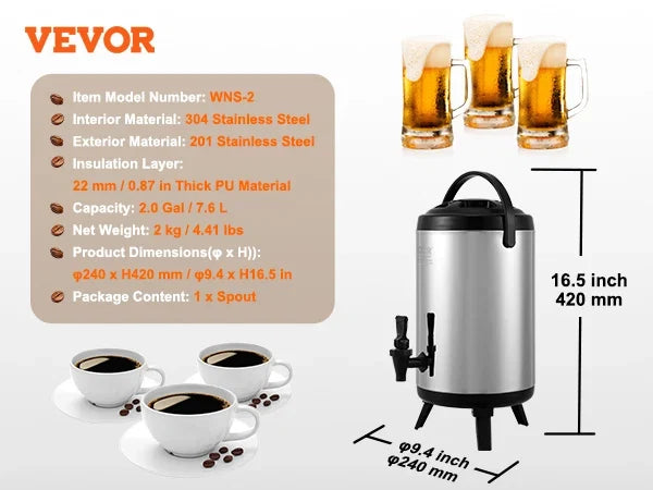 Stainless Steel Insulated Beverage Dispenser, 6/7.6/9.2L, Thermal Hot and Cold Drink Server Dispenser with Spigot Handle