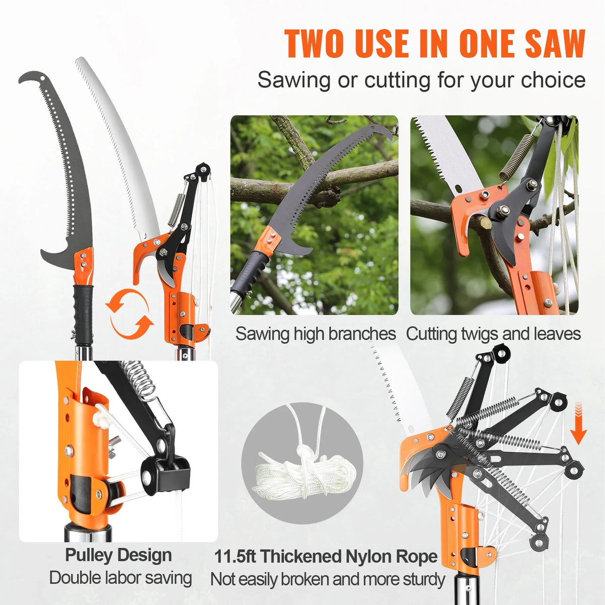 Manual Pole Saw 7.3-27 ft Extendable Tree Pruner High Branches Trimming w/8 Fiberglass Handles for Pruning Palms & Shrubs