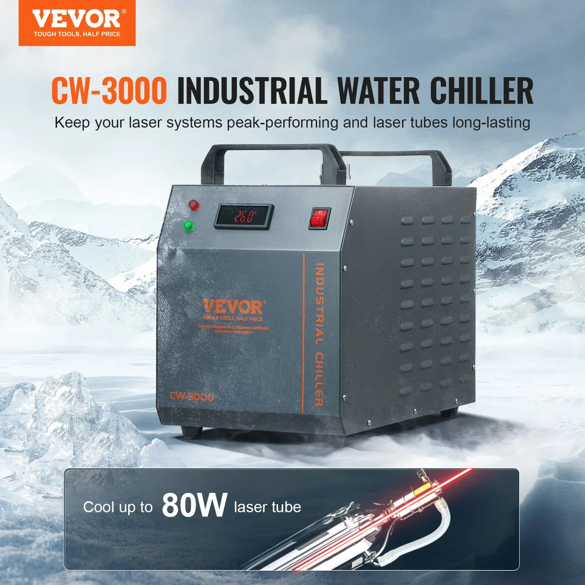 Industrial Water Chiller,CW-3000,80W Air-Cooled Industrial Water Cooler Cooling System w/12 L Water Tank Capacity 12 L/min