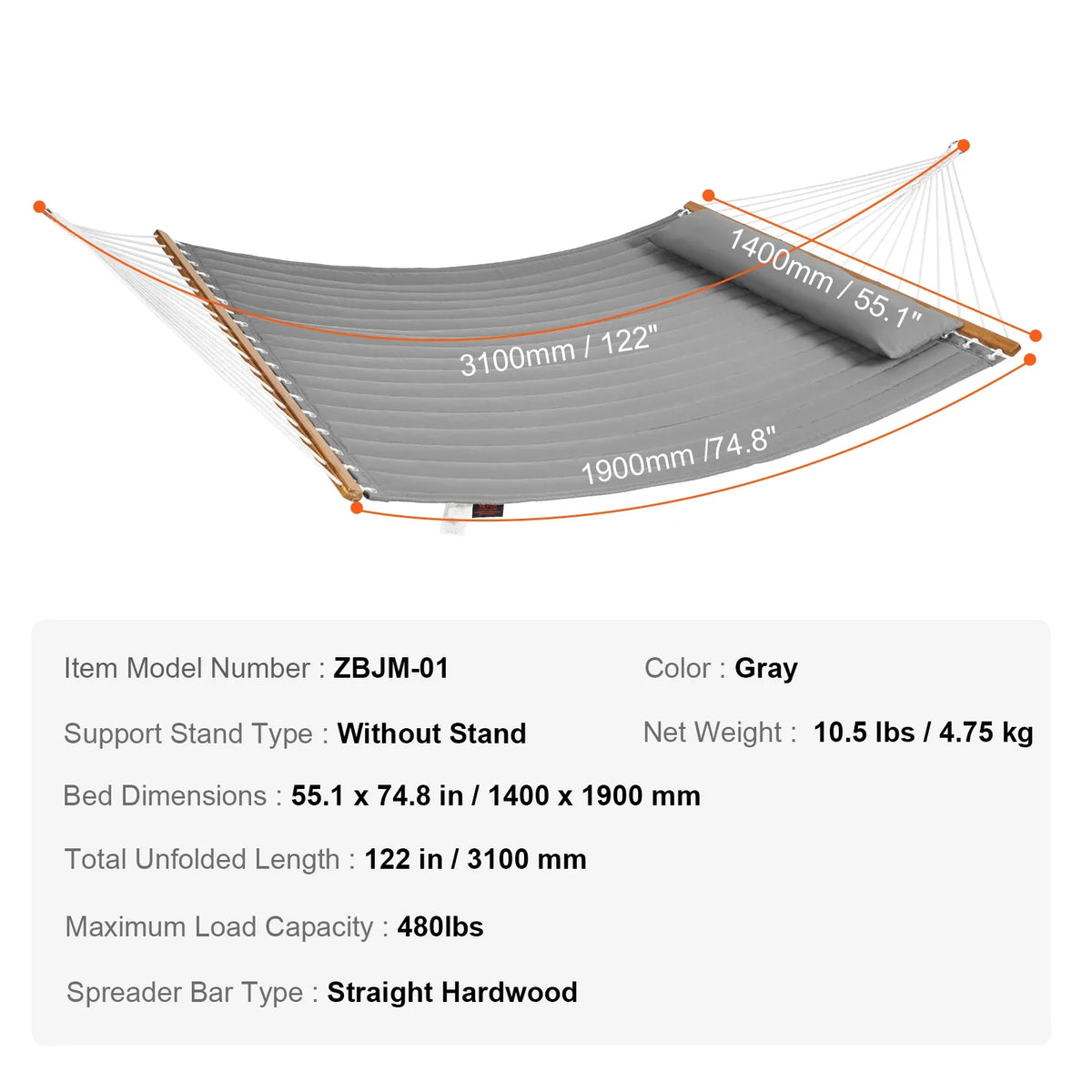 Double Quilted Fabric Hammock 12 FT 480 lbs Double Hammock 2 Person Quilted Hammock for Camping Outdoor Patio Yard Beach