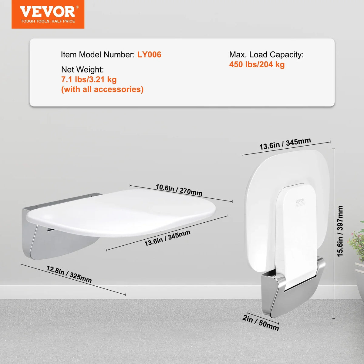 Folding ABS Shower Seat  13.6''x12.8'' Unfolded Wall Mounted Fold Up Shower Bench with 440 lbs Load Capacity Shower Chair