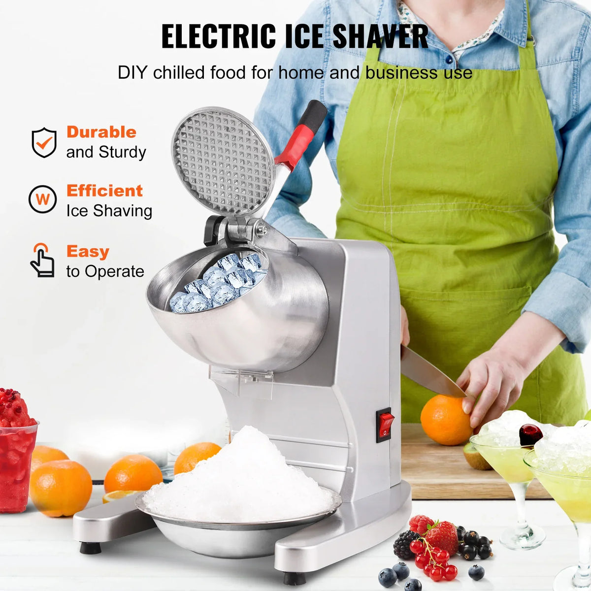 Ice Crushers Machine,220lbs Per Hour Electric Snow Cone Maker w/4 Blades,Stainless Steel Shaved Ice Machine w/Cover & Bowl