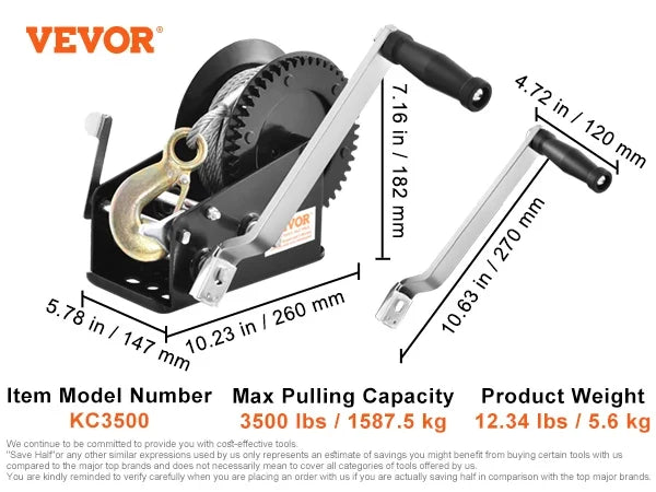 Hand Winch, 3500lbs Pulling Capacity, Boat Trailer Winch Heavy Duty Rope Crank w/ 33ft Steel Wire Cable & Two-Way Ratchet
