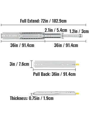 Locking 18"-60" Slides Bearing 500LBS Heavy Duty Drawer Slides 3-Fold Guide Rail Full Extension Ball Industrial 76mm Width