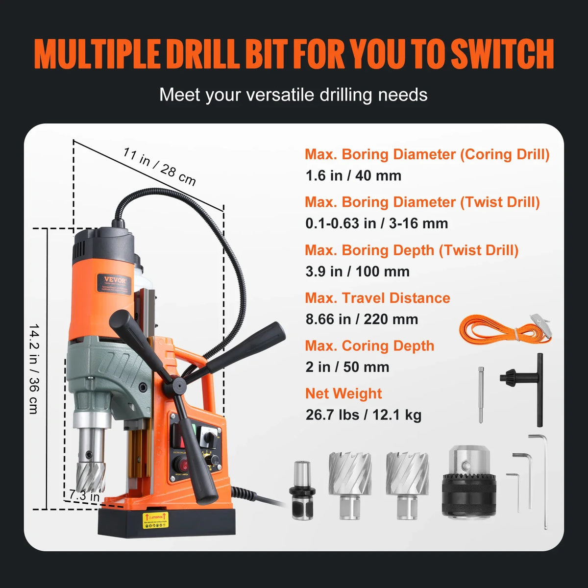Magnetic Drill, 1450W 1.57/2In Boring Diameter, Portable Electric Mag Drill Press,800RPM Drilling Machine