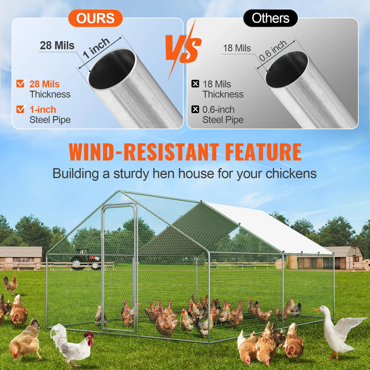 Large Metal Chicken Coop Walk-in Chicken Runs Spire Roof Hen House  for Outdoor Backyard Farm Duck Rabbit Cage Poultry Pen