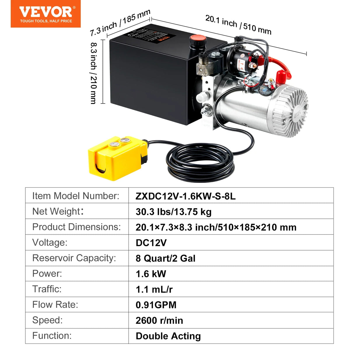 Hydraulic Pump 8 Quart Hydraulic Power Unit Double Acting Dump Trailer Pump 3200 PSI Max Relief Pressure Car Lifting