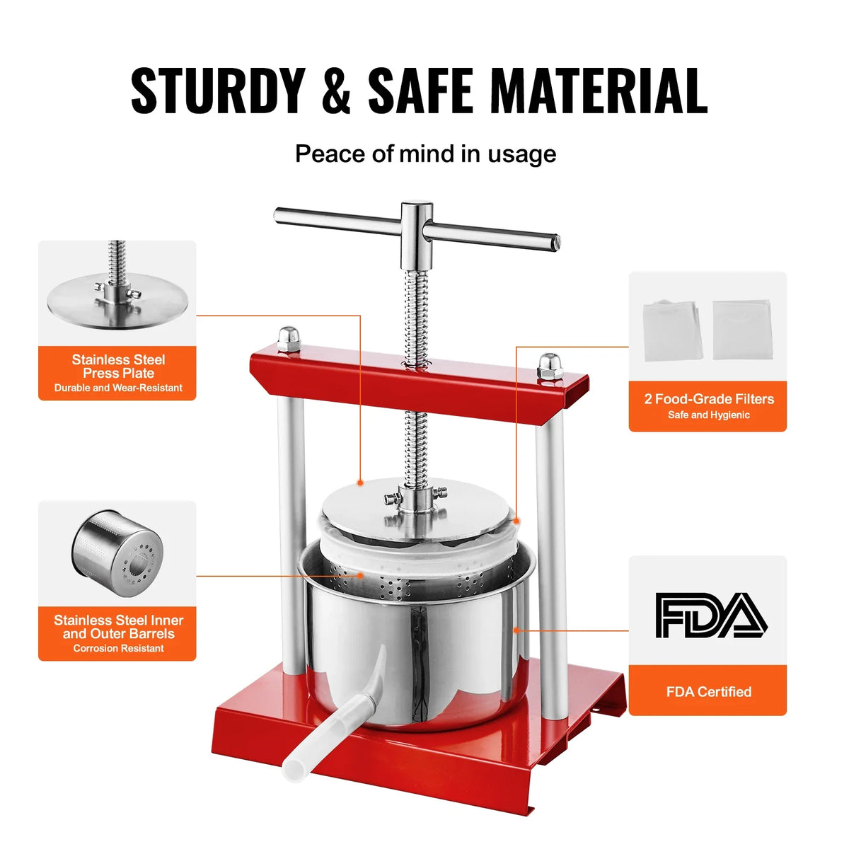 Fruit Wine Press 2/3/6L, 2 Stainless Steel Barrels, Manual Juice Maker with T-Handle for Outdoor, Kitchen, and Home