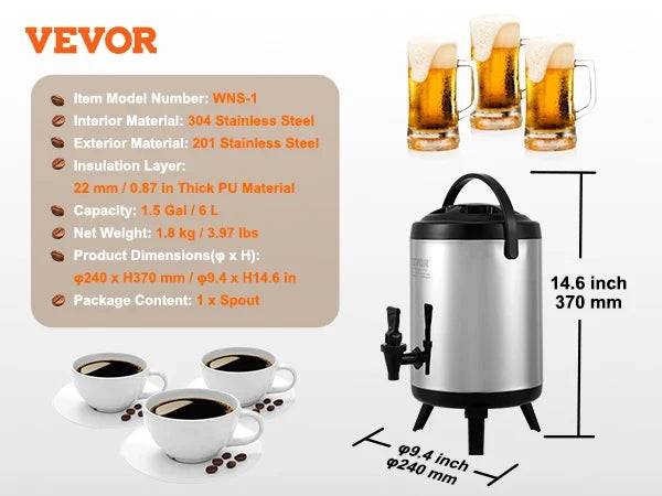 Stainless Steel Insulated Beverage Dispenser, 6/7.6/9.2L, Thermal Hot and Cold Drink Server Dispenser with Spigot Handle