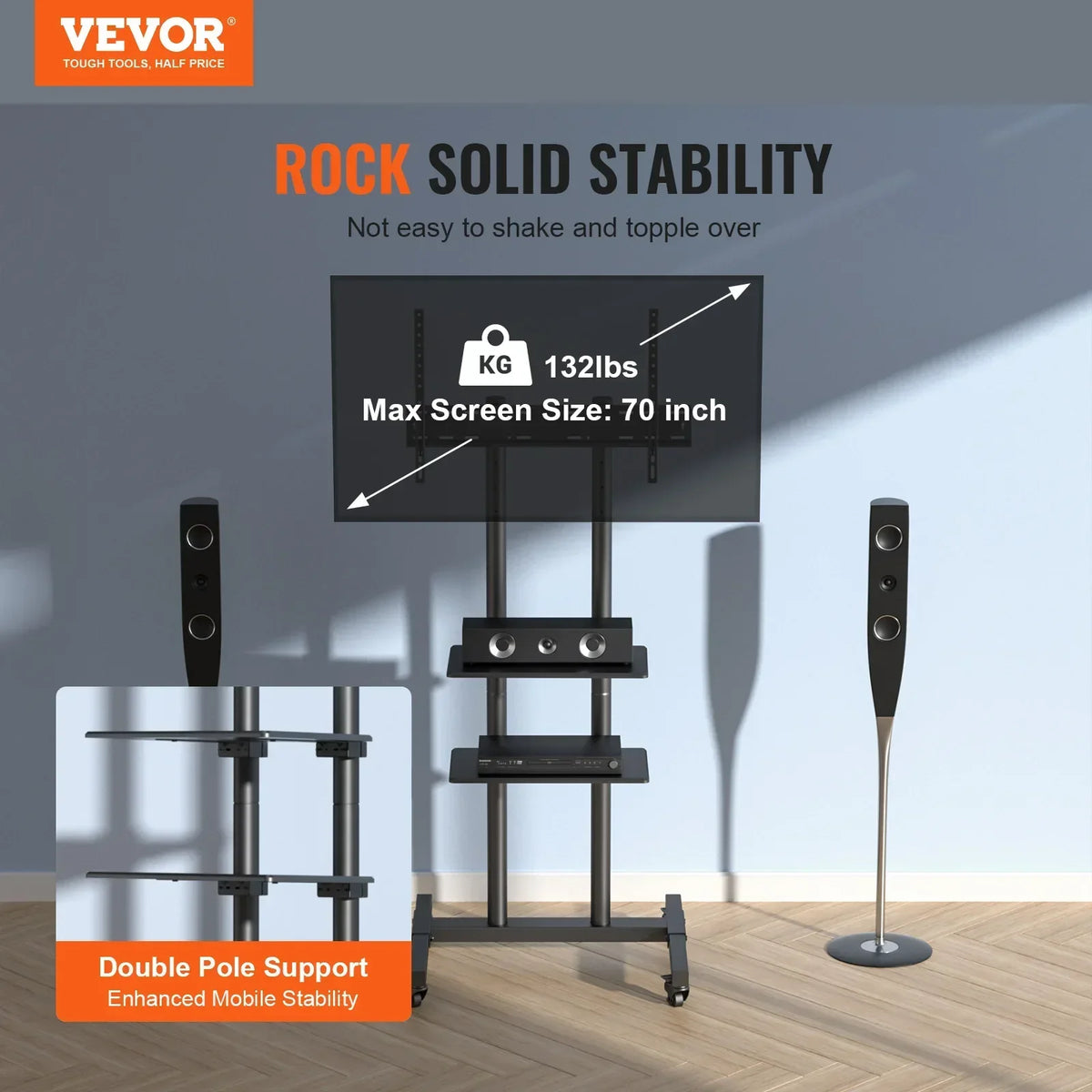Mobile TV Stand Height Adjustable TV Stand with Wheels Double Tray for Audio-Visual Devices Rolling TV Stand for Bedroom