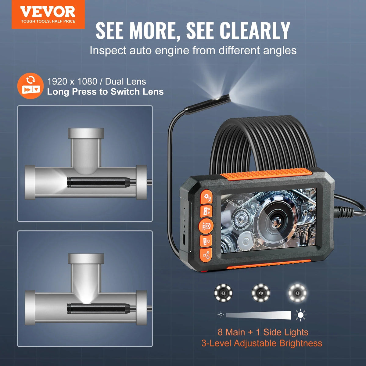 Endoscope Camera with Light Dual Lens Industrial Borescope 4.3" Screen 1080P Inspection Camera for Auto, Plumbing