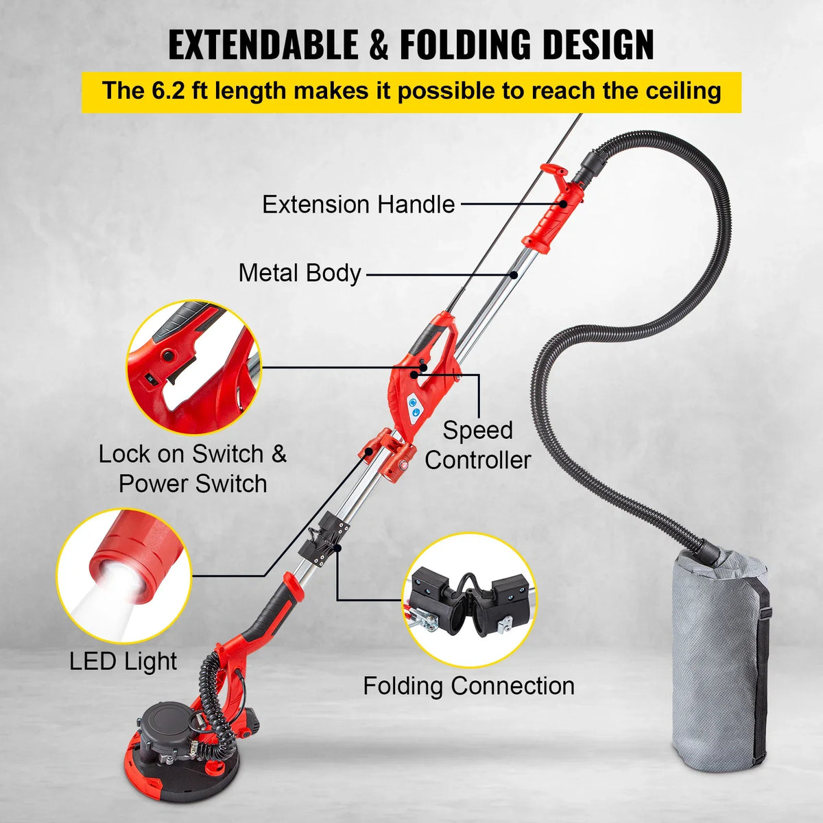 Drywall Sander 850W Electric Foldable Sheetrock Drywall Sander with Telescope Handle&Variable Speed Electric Wall Sander