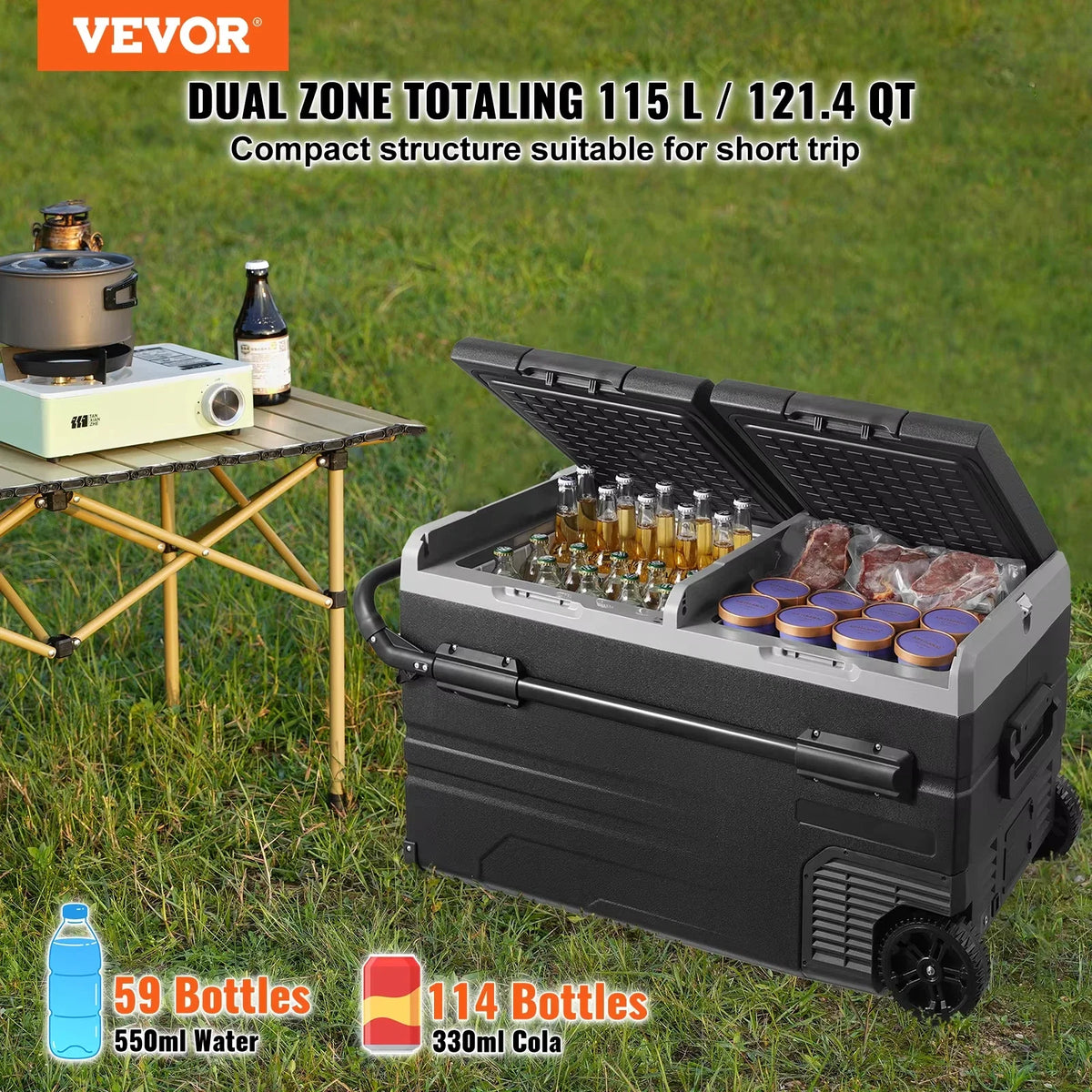 115L Car Refrigerator Car Refrigerator Fridge Dual Zone Freezer with Wheels and Handle -4℉-68℉ 12/24V DC