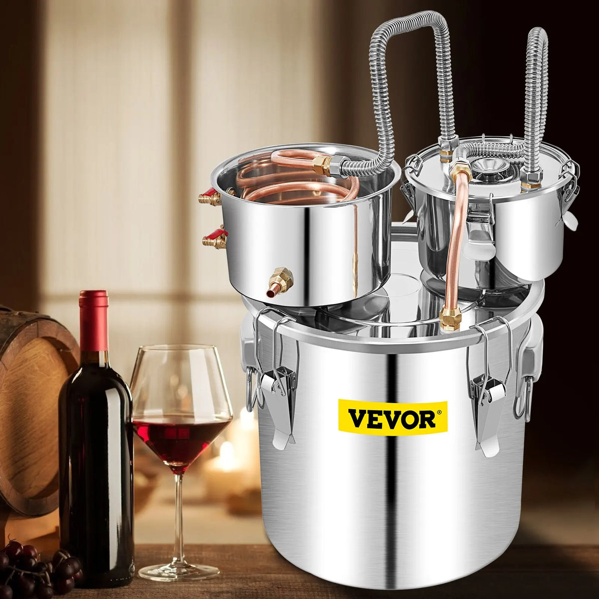 11L-50L Stainless Steel Moonshine Still Distiller w/Copper Tube, Built-in Thermometer & Circulating Pump- Home Brewing Kit