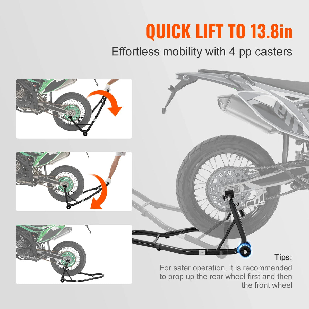 Motorcycle Rear Wheel Stand with U + L Fork Swingarm Spool 850 lbs Capacity for Suzuki Yamaha Honda Kawasaki