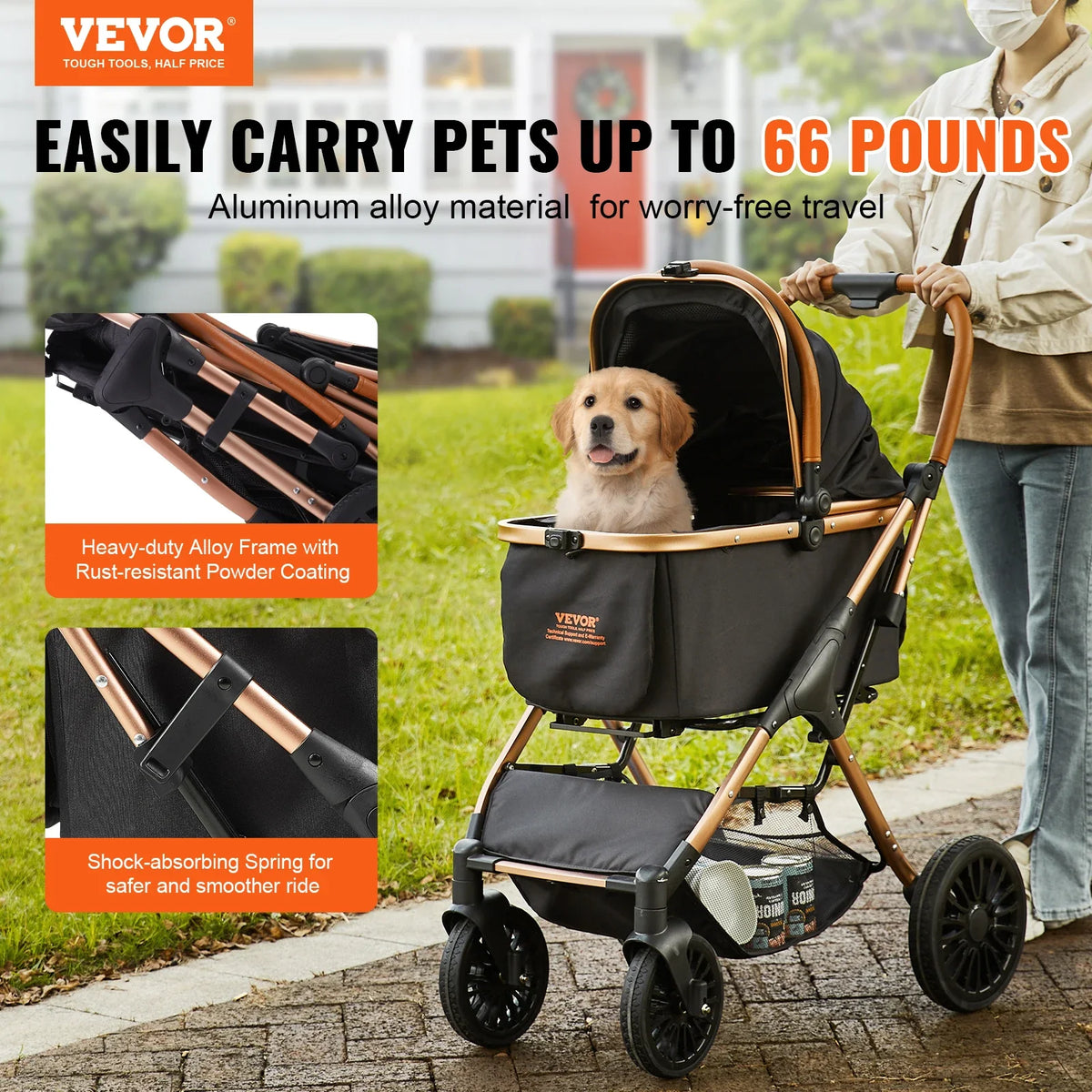 66 lbs Pet Stroller Foldable Dog Puppy Stroller with Brakes Storage Basket Detachable Carrier for Small to Medium Dogs