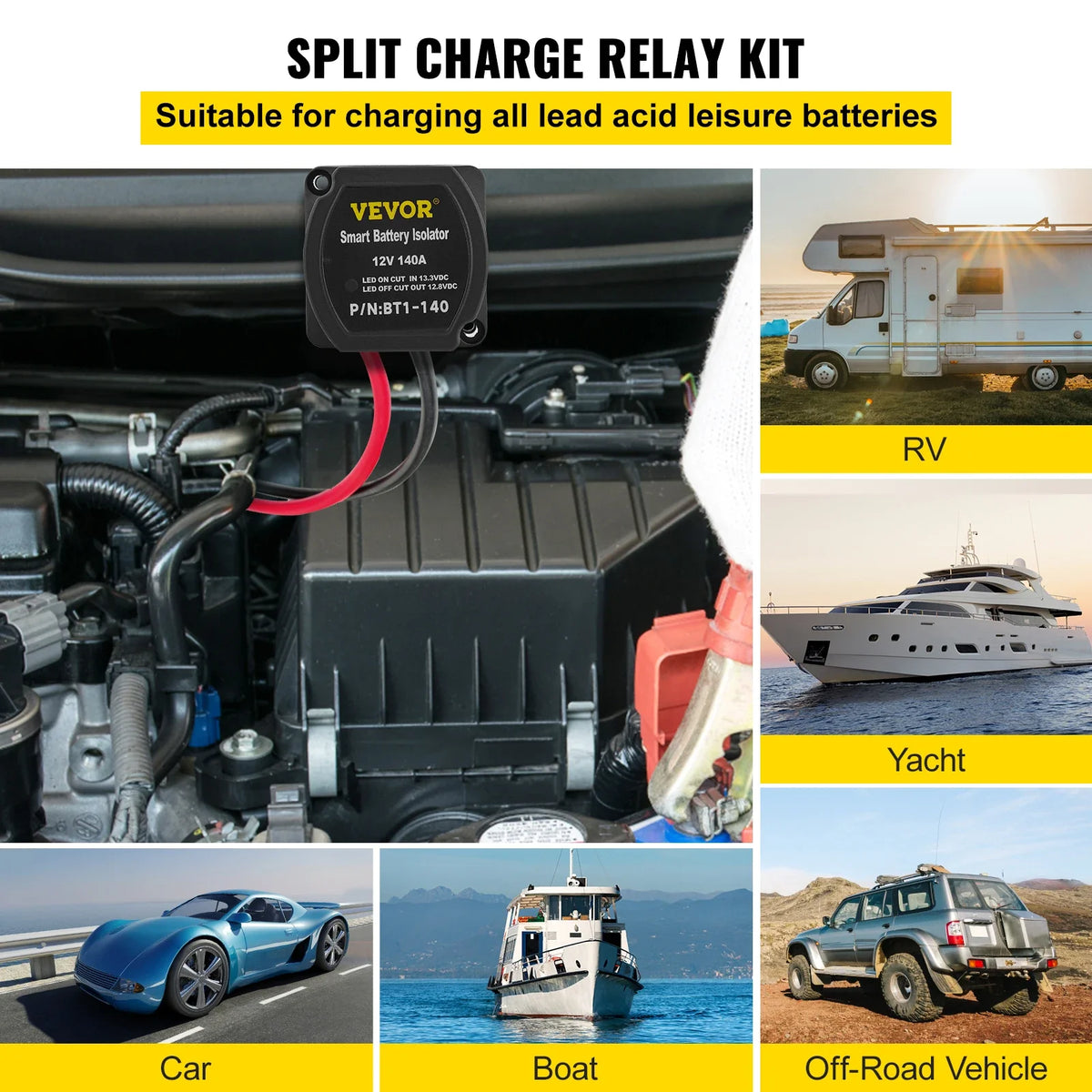 Split Charge Relay Kit Voltage Sense Relay Professional 12V 140AMP W/ 2/4/5/6 mtr Battery Cable for ATVs UTVs RVs Camping