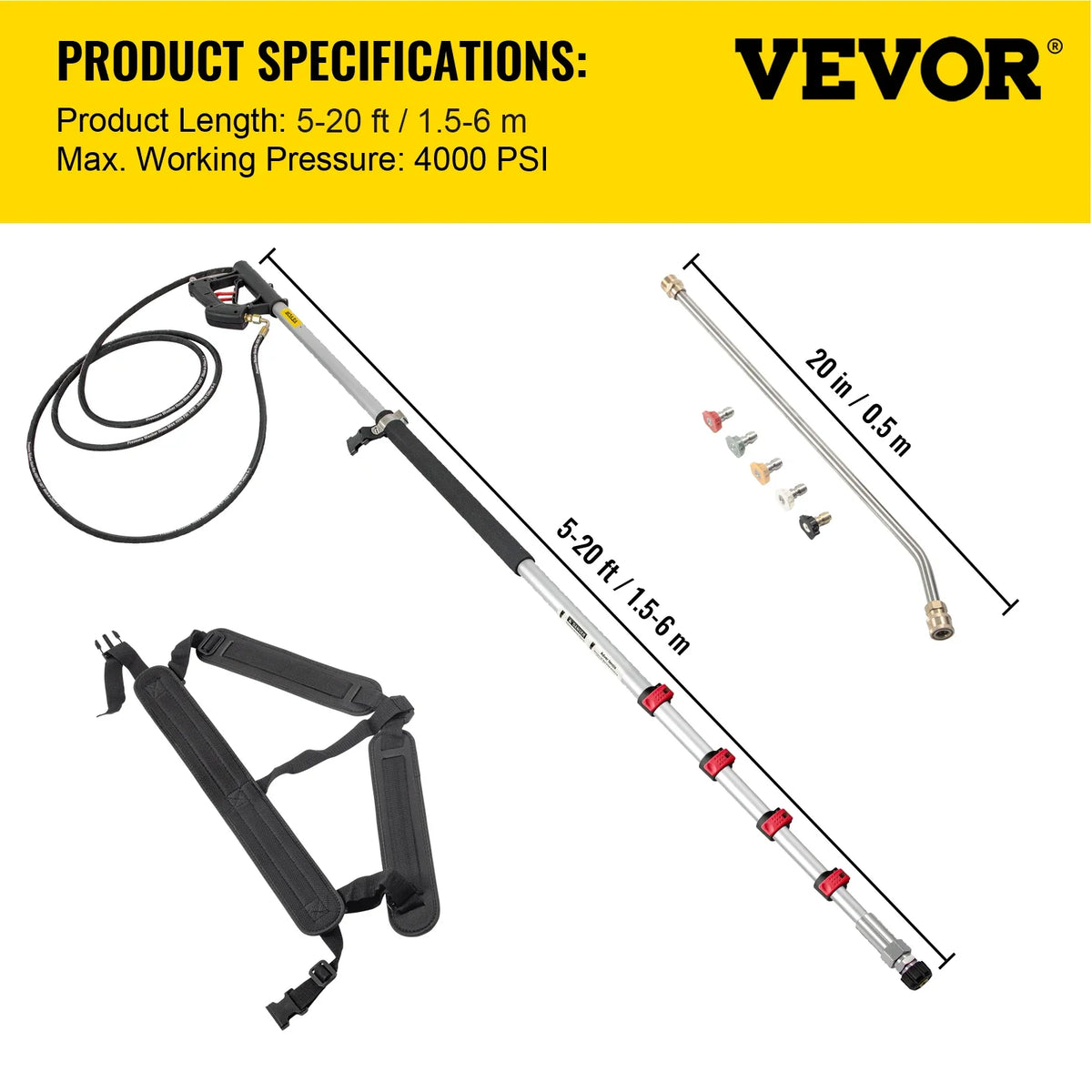 Telescoping Pressure Washer Wand 20FT 5-Section Length Adjustable Pressure Washer Fit 3/8"&1/4" Connection for Roof/Gutter