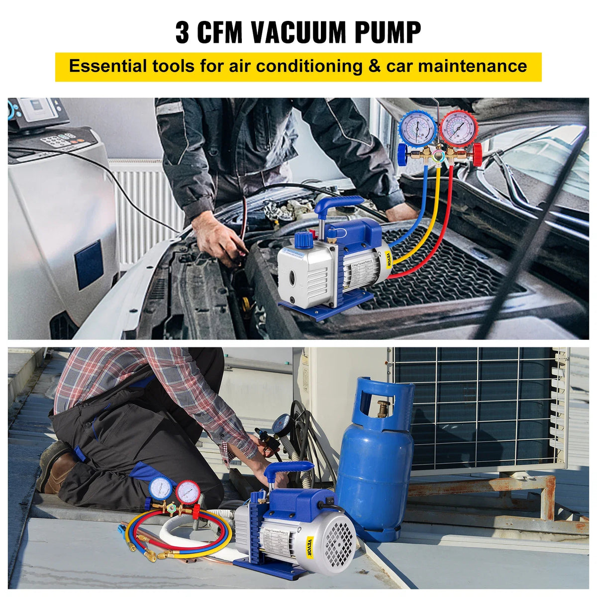 3CFM 1/4HP Single Stage Air Vacuum Pump HVAC R134a R12 R22 R410a A/C Refrigeration Kit AC Manifold Gauge R134 Can Tap