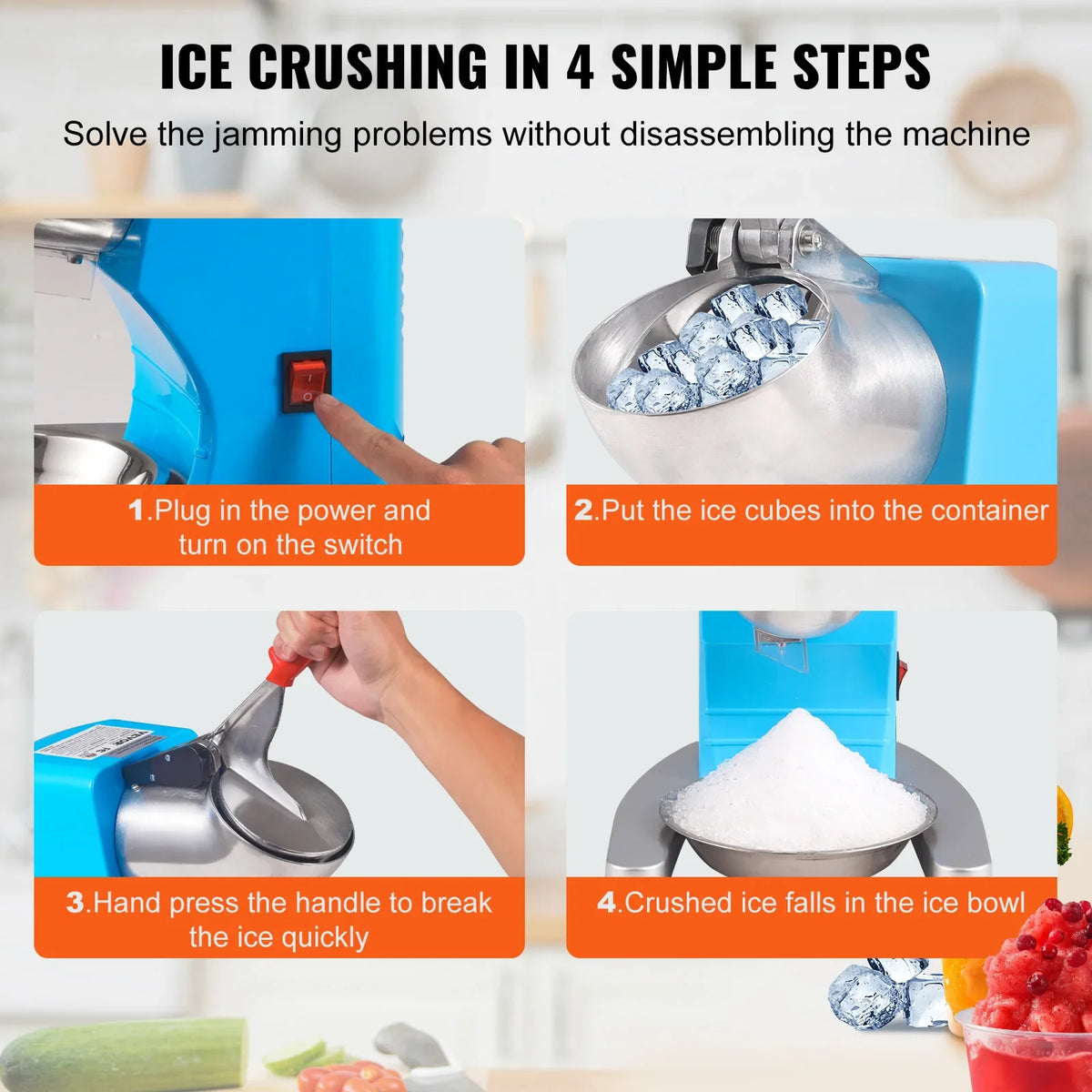 Ice Crushers Machine 220lbs Per Hour Electric Snow Cone Maker 4 Blades 300W Ice Shaver Machine for Home and Commercial Use
