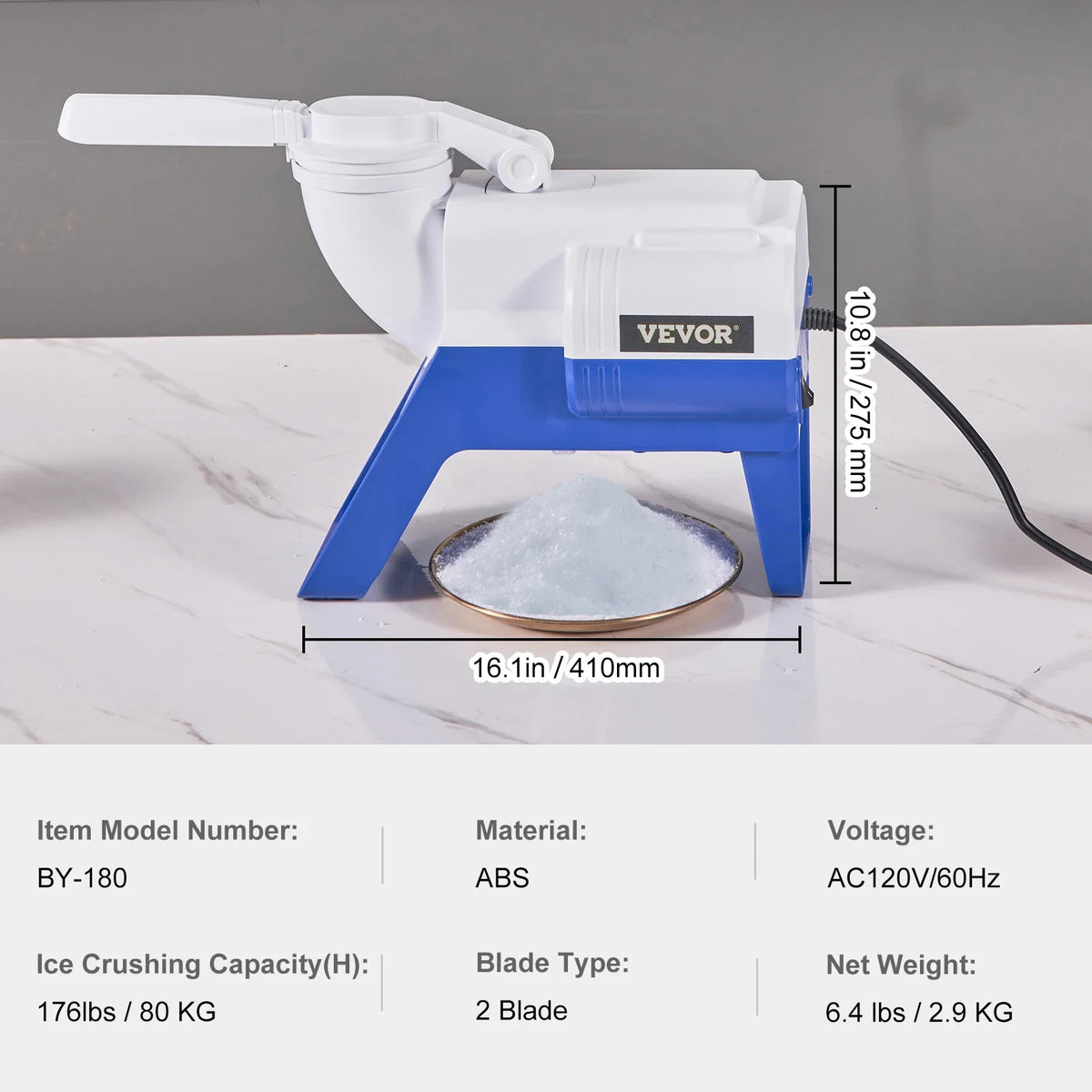 220W Ice Crushers Machine 176lbs/H Electric Snow Cone Maker with 2 Blades Shaved Ice Machine with Cover and Bowl for Home