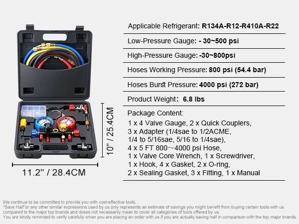AC Gauge - AC Manifold Gauge Set for R134A R22 R12 R410A Refrigerant,Freon Gauges with 5ft Hoses, Couplers, Can Tap