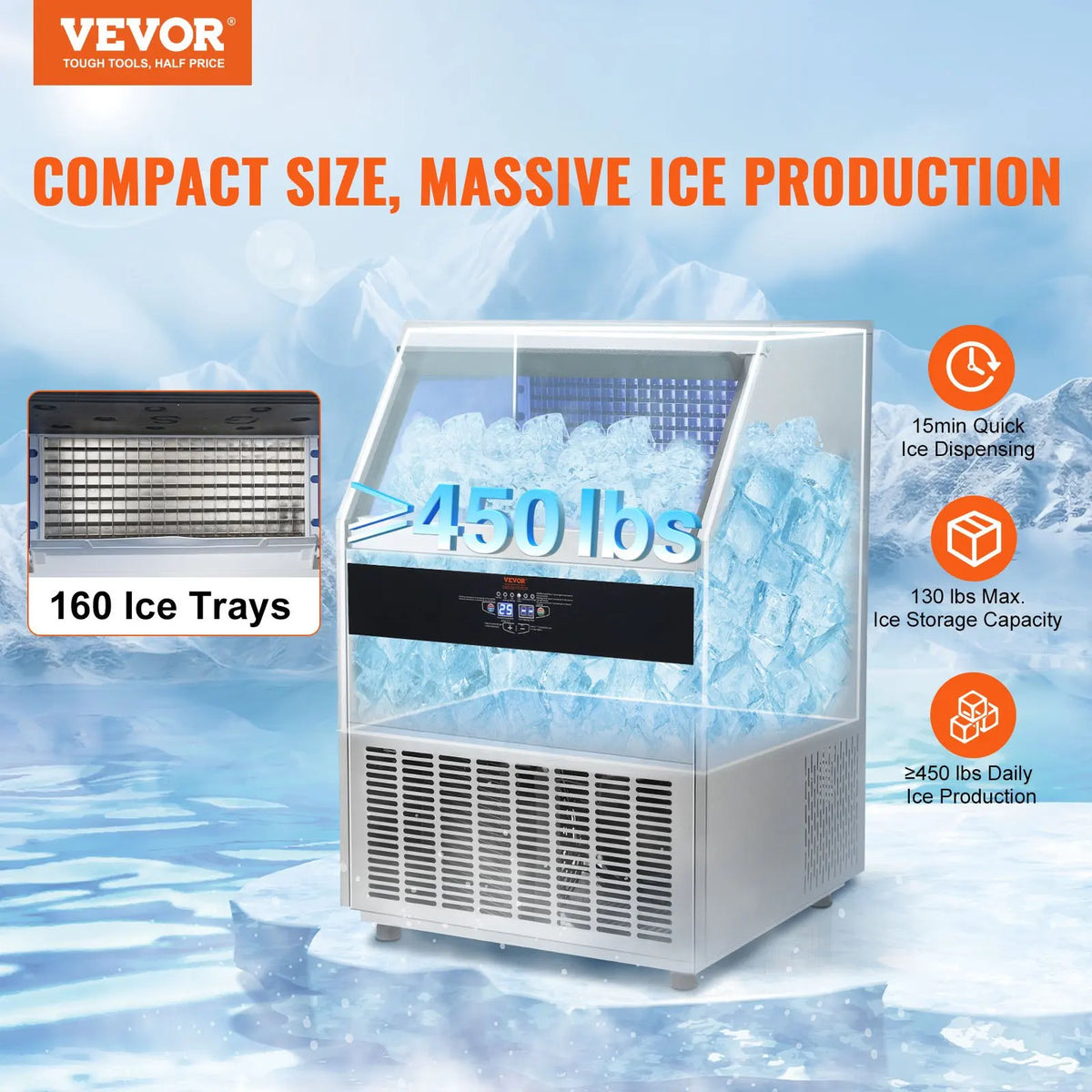 Commercial Ice Maker,Ice Maker Machine,160 Ice Cubes in 12-15 Minutes,Freestanding Cabinet Ice Maker with  LED Display ﻿