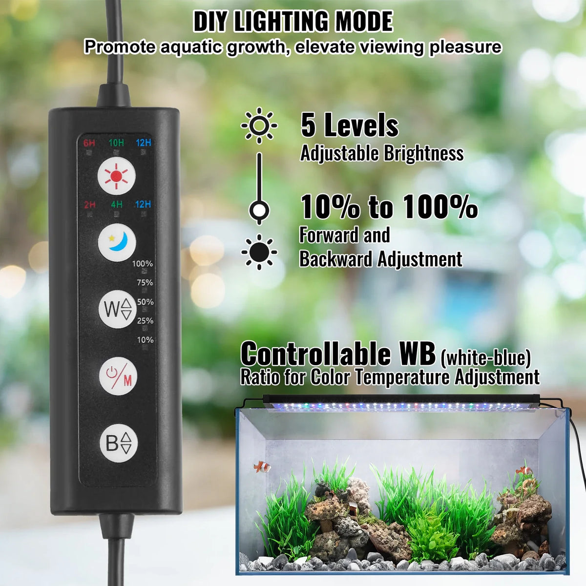 Aquarium Light 14W with 5 Levels Adjustable Brightness with ABS Shell Extendable Brackets for 18"-24" Freshwater Fish Tank