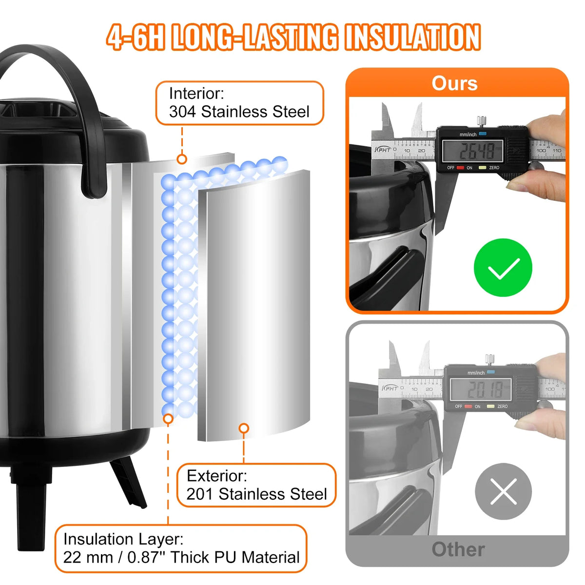 Stainless Steel Insulated Beverage Dispenser, 6/7.6/9.2L, Thermal Hot and Cold Drink Server Dispenser with Spigot Handle