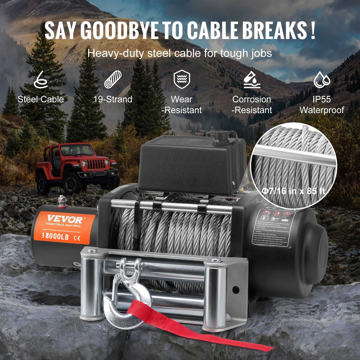18,000 lb 12V DC Electric Winch with Wired Remote Control, IP55 Waterproof for Towing Off-Road SUV Jeep Truck Trailer Boat