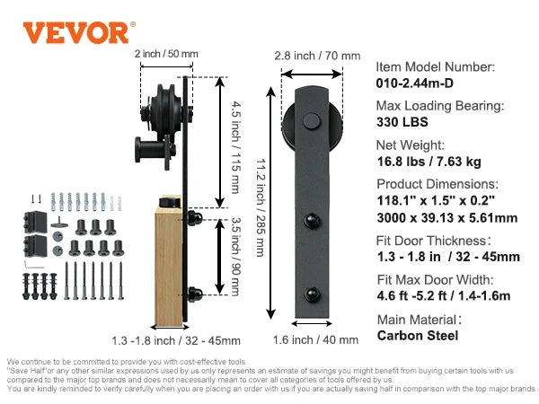 8/10FT Sliding Barn Door Hardware Kit 330LBS Heavy Duty Barn Door Track Kit for  Single Doors with Smooth & Silent Pulley