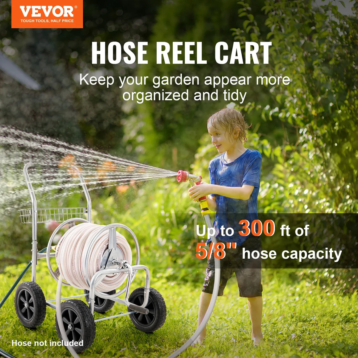 Hose Reel Cart300 ft 5/8’’ Hose Garden Water Hose Carts Mobile Tools  with Storage Basket for Garden Yard Lawn