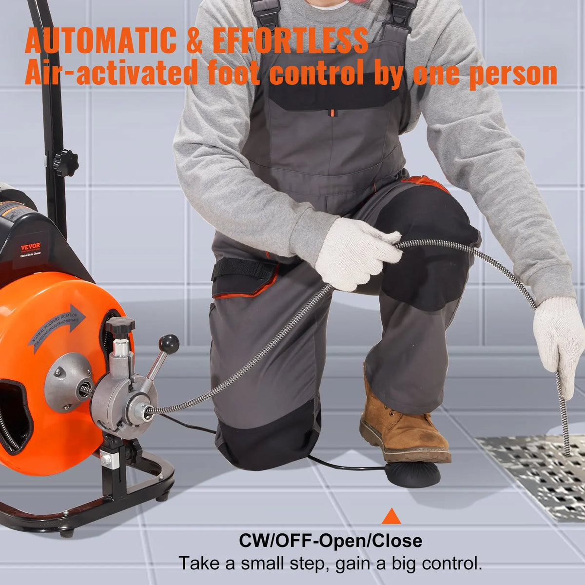 Drain Cleaning Machine 100FT x 3/8in,1/2in, 3/4in Sewer Snake Machine Auto Feed with 4 Cutter Air-activated Foot Switch