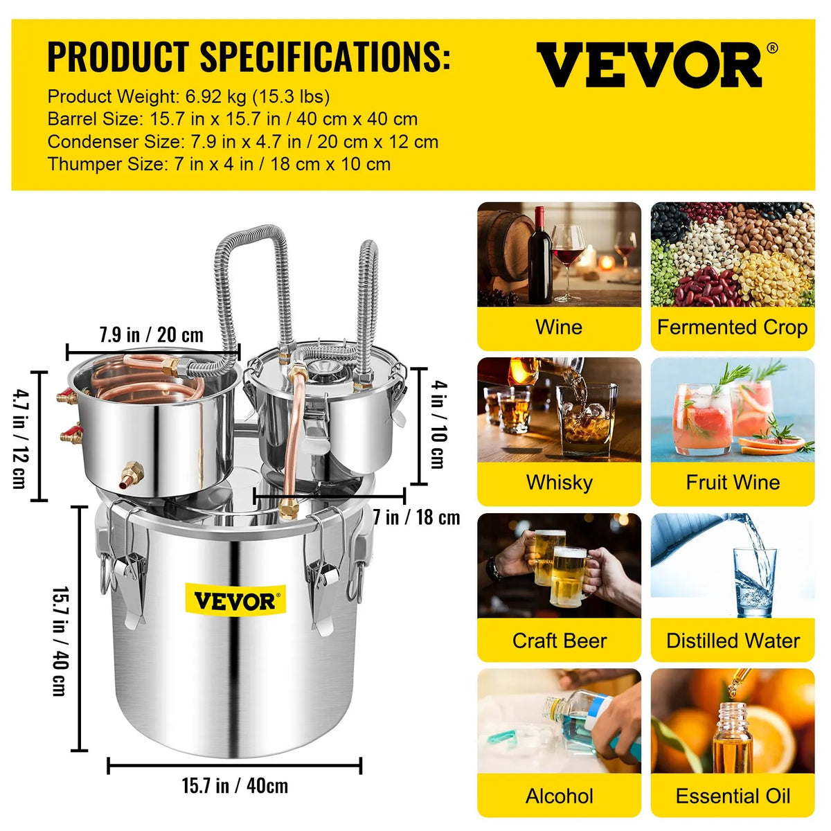 11L-50L Stainless Steel Moonshine Still Distiller w/Copper Tube, Built-in Thermometer & Circulating Pump- Home Brewing Kit