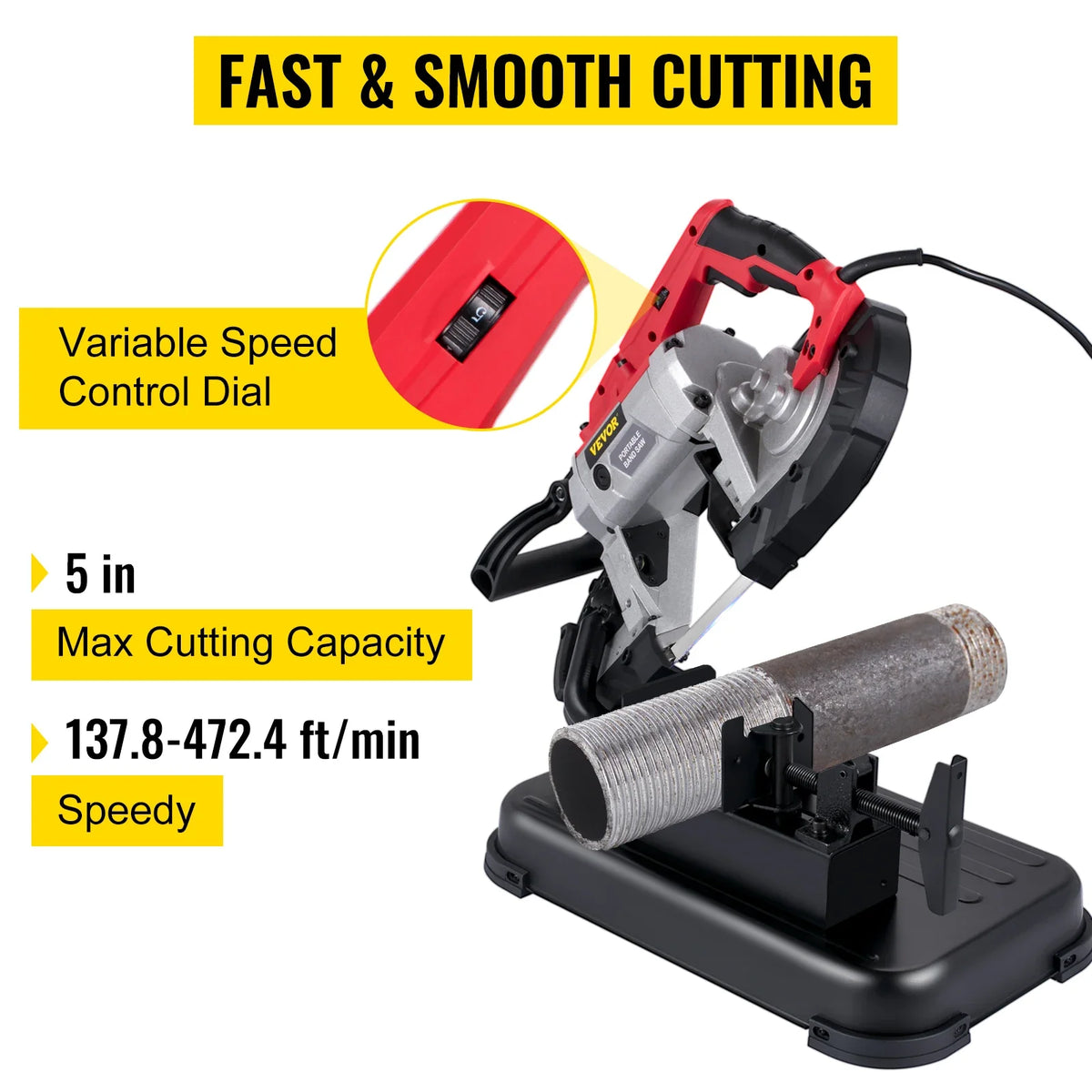 Portable BandSaw 5Inch Cutting Capacity Cordless Variable Speed 10Amp Motor Deep Cut Bandsaw for Metal Wood Pipes Rebar