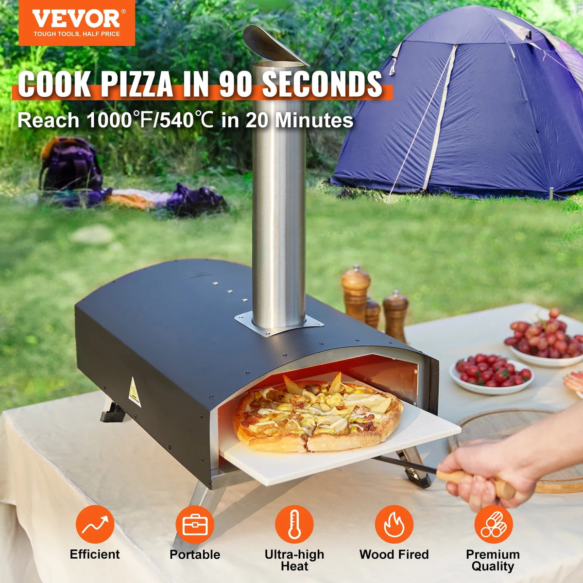 Outdoor Pizza Oven 12in Pellet & Charcoal Fired Maker, Portable Outside Stainless Steel Grill for Backyard Party Camping