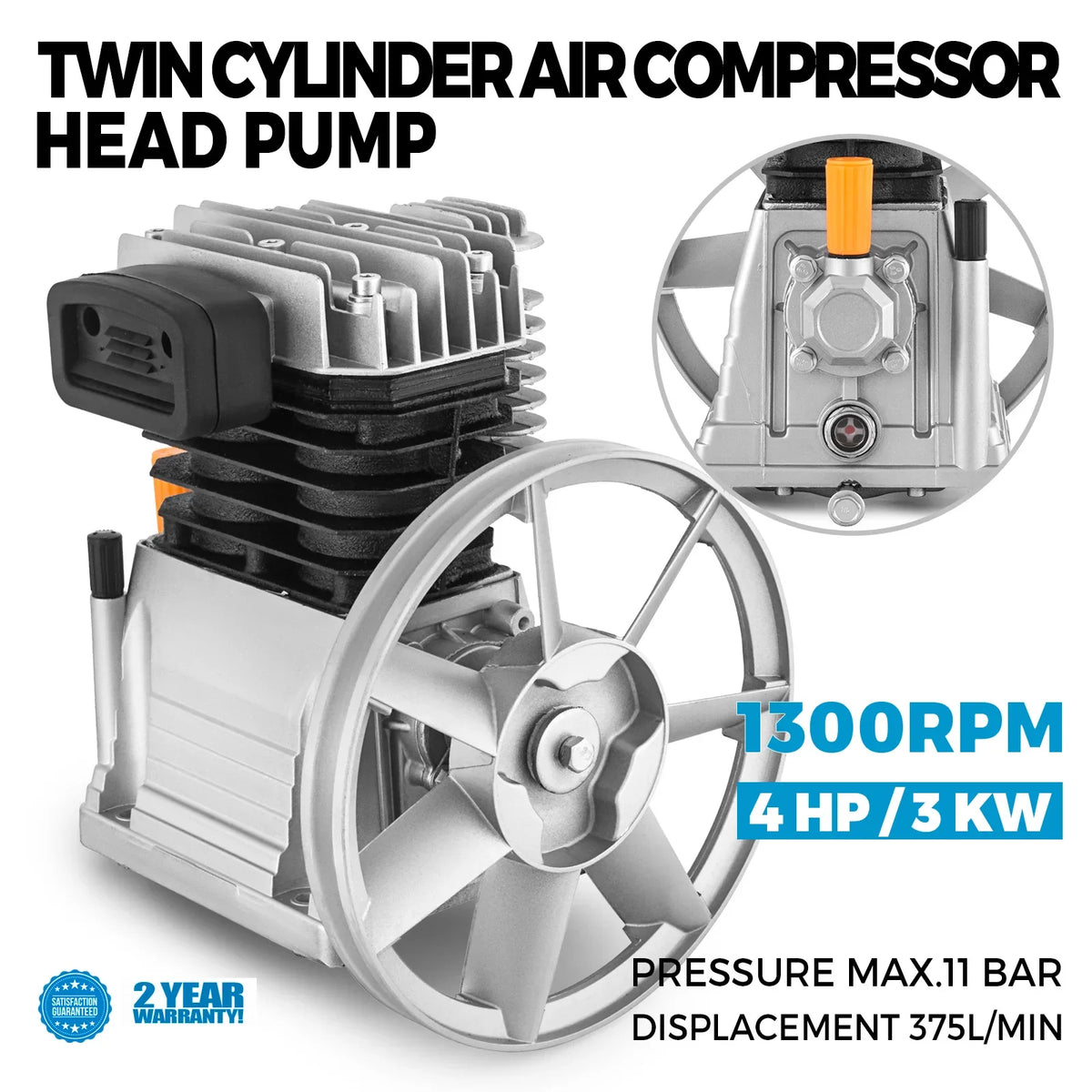 3HP 12CFM 1300RPM High-Spped Single Stage Twin Cylinder Aluminum Air Compressor Head Piston Style Splash Lubrication Pump