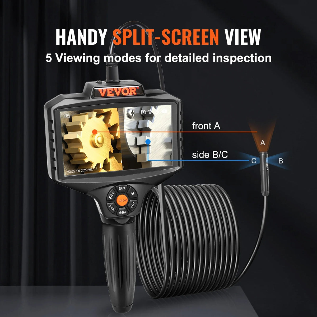 Triple Lens Borescope 5" IPS Screen Inspection Camera with Lights 8X Zoom 1080P HD Split Screen for AutomotivePlumbing