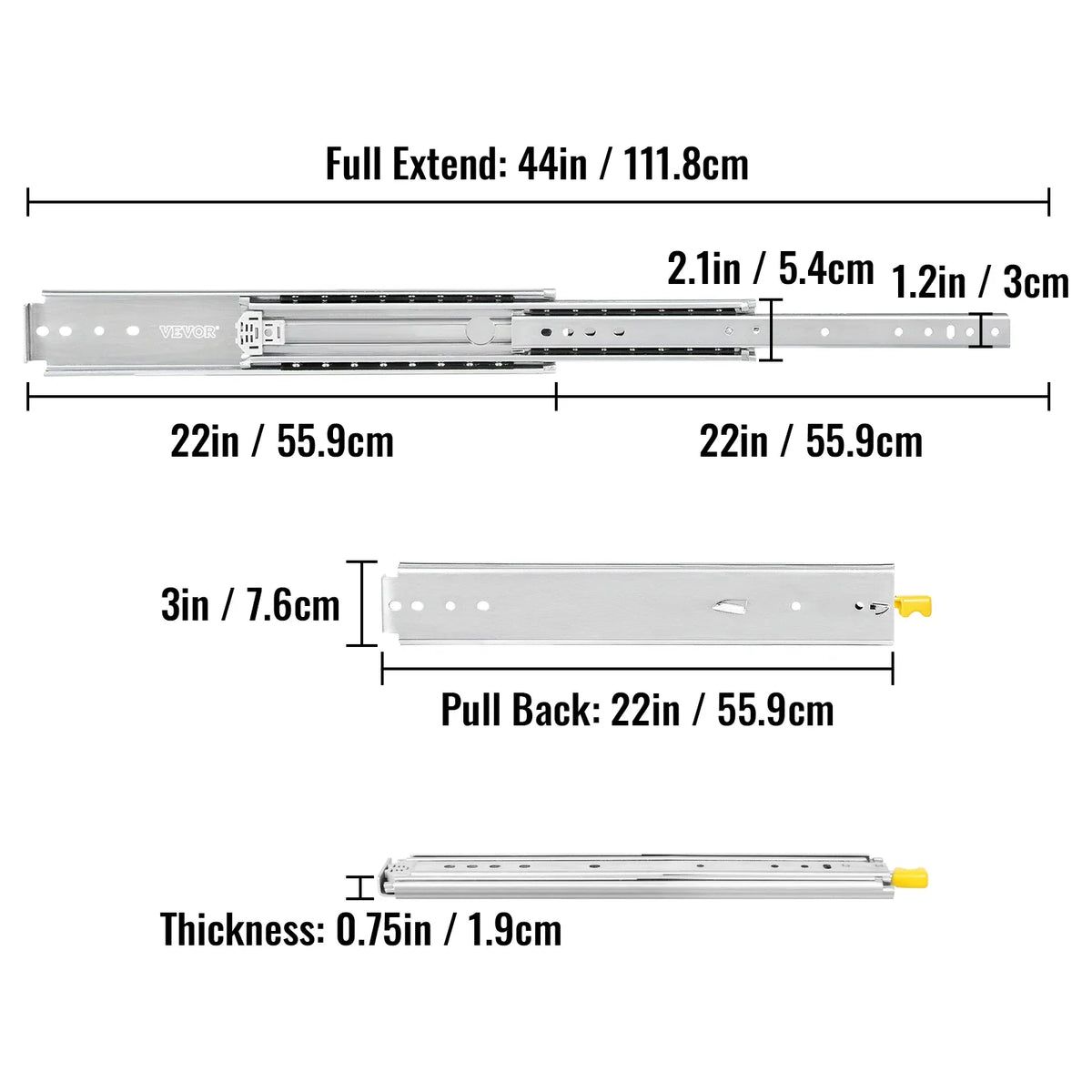 Locking 18"-60" Slides Bearing 500LBS Heavy Duty Drawer Slides 3-Fold Guide Rail Full Extension Ball Industrial 76mm Width