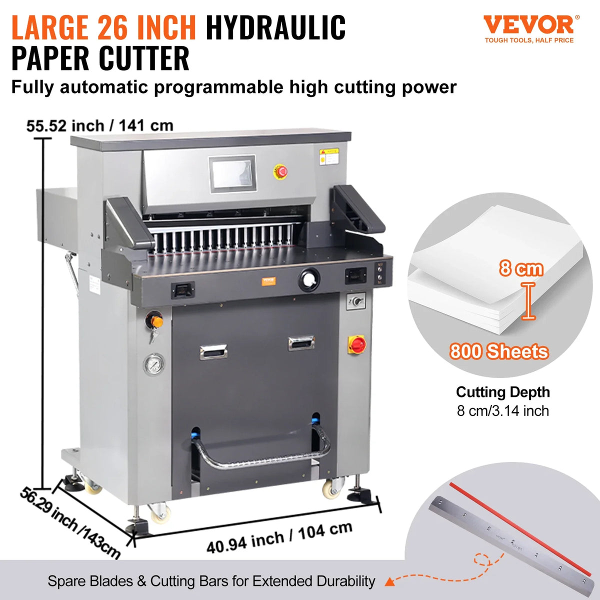 Electric Hydraulic Paper Cutter, Heavy Duty Paper Cutter Machine 26" /660.4mm Cutting Width, 3.14"/80mm Cutting Thickness
