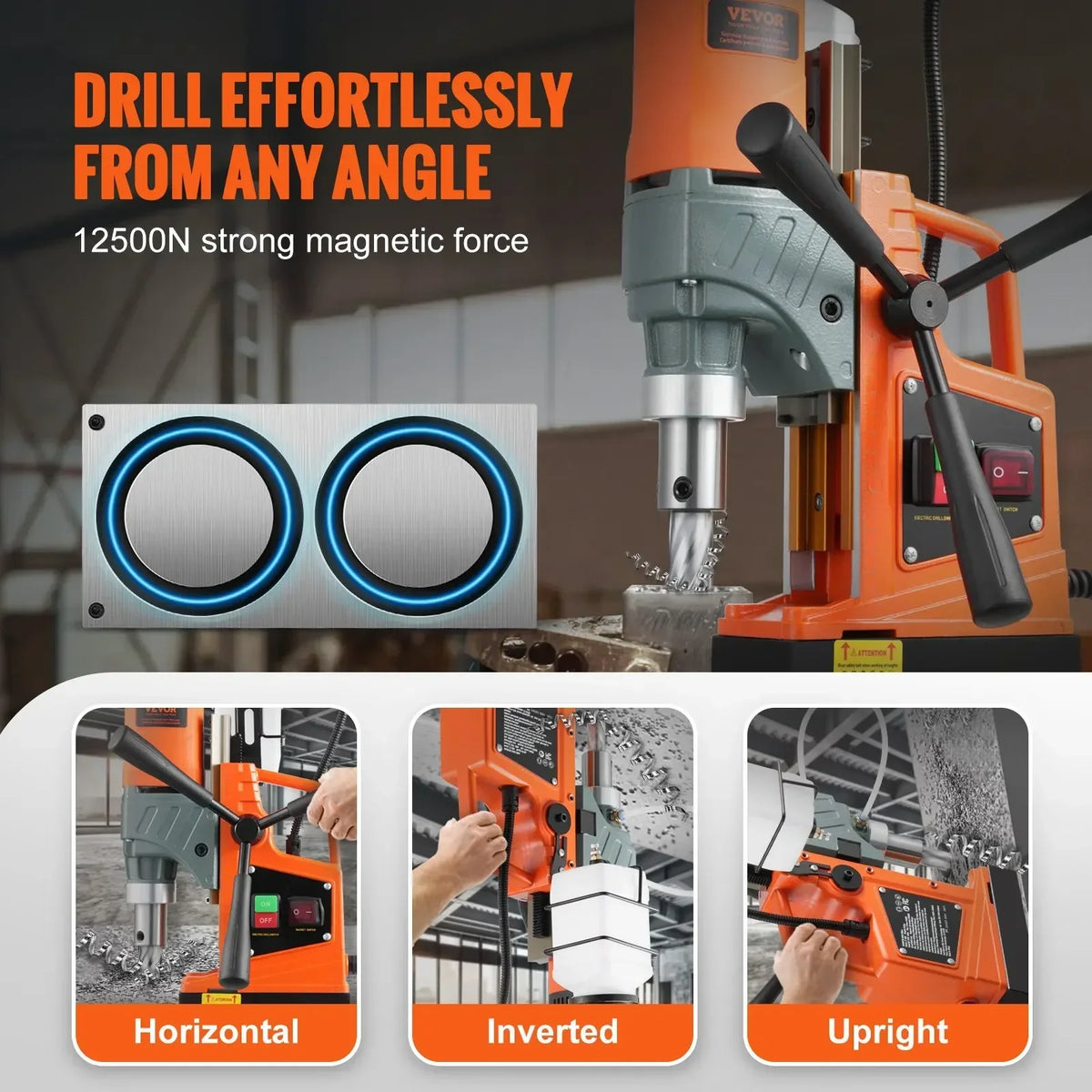 Magnetic Drill 1450W 1.57" 12500N Portable Electric Mag Drill Press Variable Speed Drilling Machine for  Home Improvement
