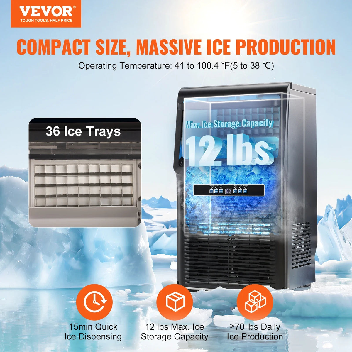 Commercial Ice Maker 70lbs/24H Ice Maker Machinewith 12lbs Storage Capacity LED Digital Display for Bar Home Office
