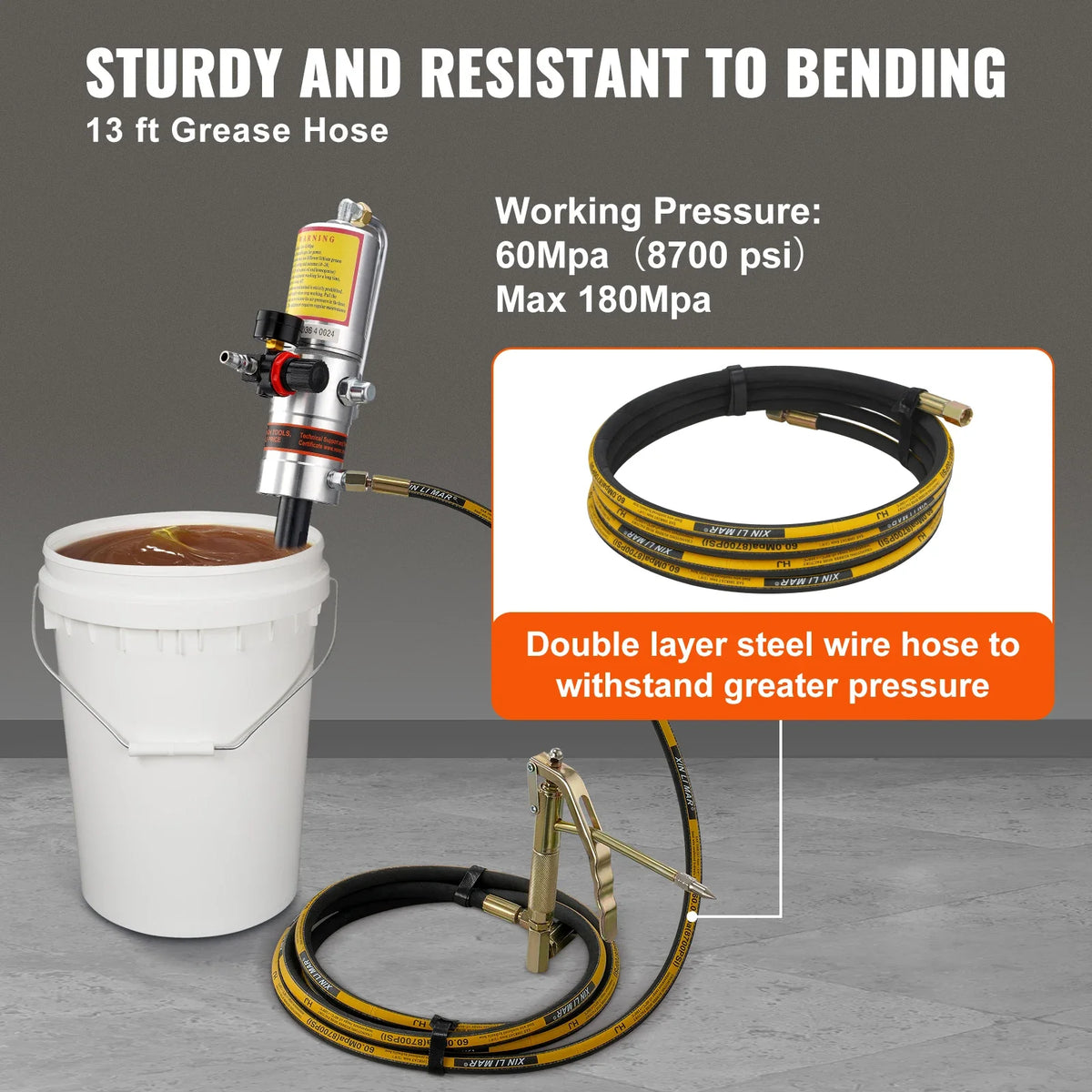 Grease Pump, 50:1 Pressure Ratio Air Operated Grease Pump w/13 ft High Pressure Hose and Grease Gun, Pneumatic Grease Pump