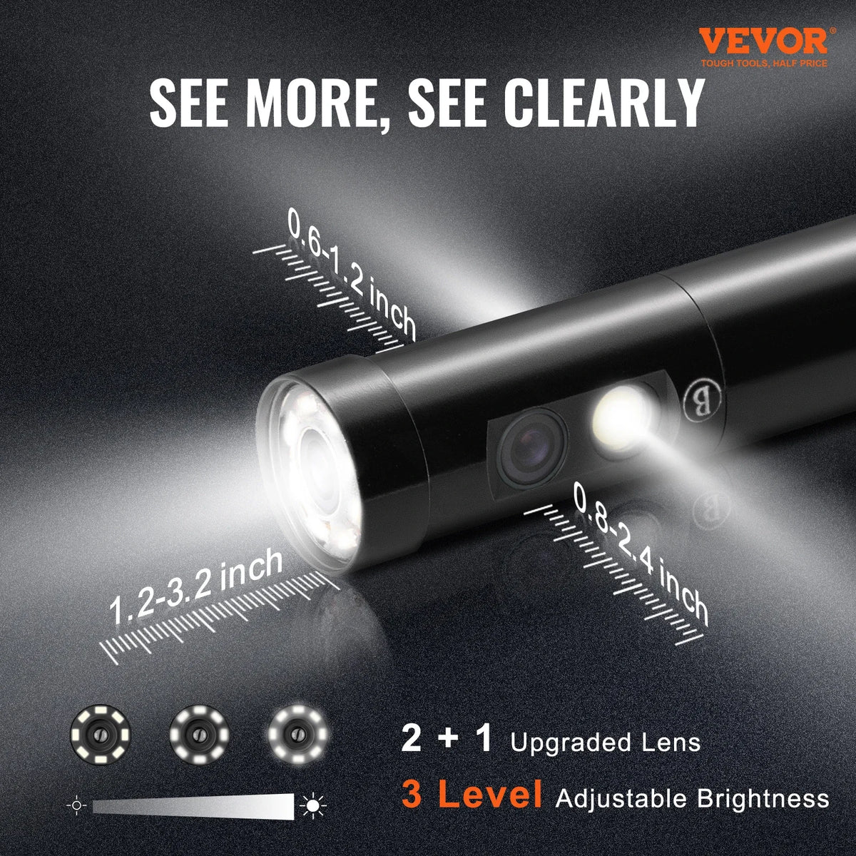 Triple Lens Borescope 5" IPS Screen Inspection Camera with Lights 8X Zoom 1080P HD Split Screen for AutomotivePlumbing