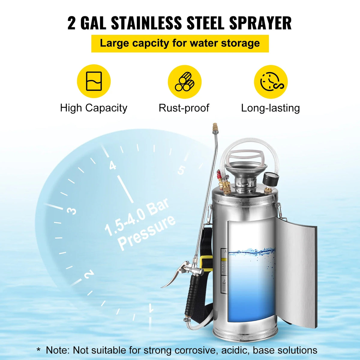 2Gal Stainless Steel Sprayer Hand Pump Sprayer with Pressure Gauge&Safety Valve Adjustable Nozzle for Gardening Sanitizing