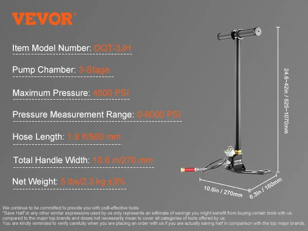 3 Stage PCP Pump 30MPa 4500PSI W/ Pressure Gauge Air Hand Stirrup Pump for Pistols, Rifles, Air Guns, Car Bicycle Hunting