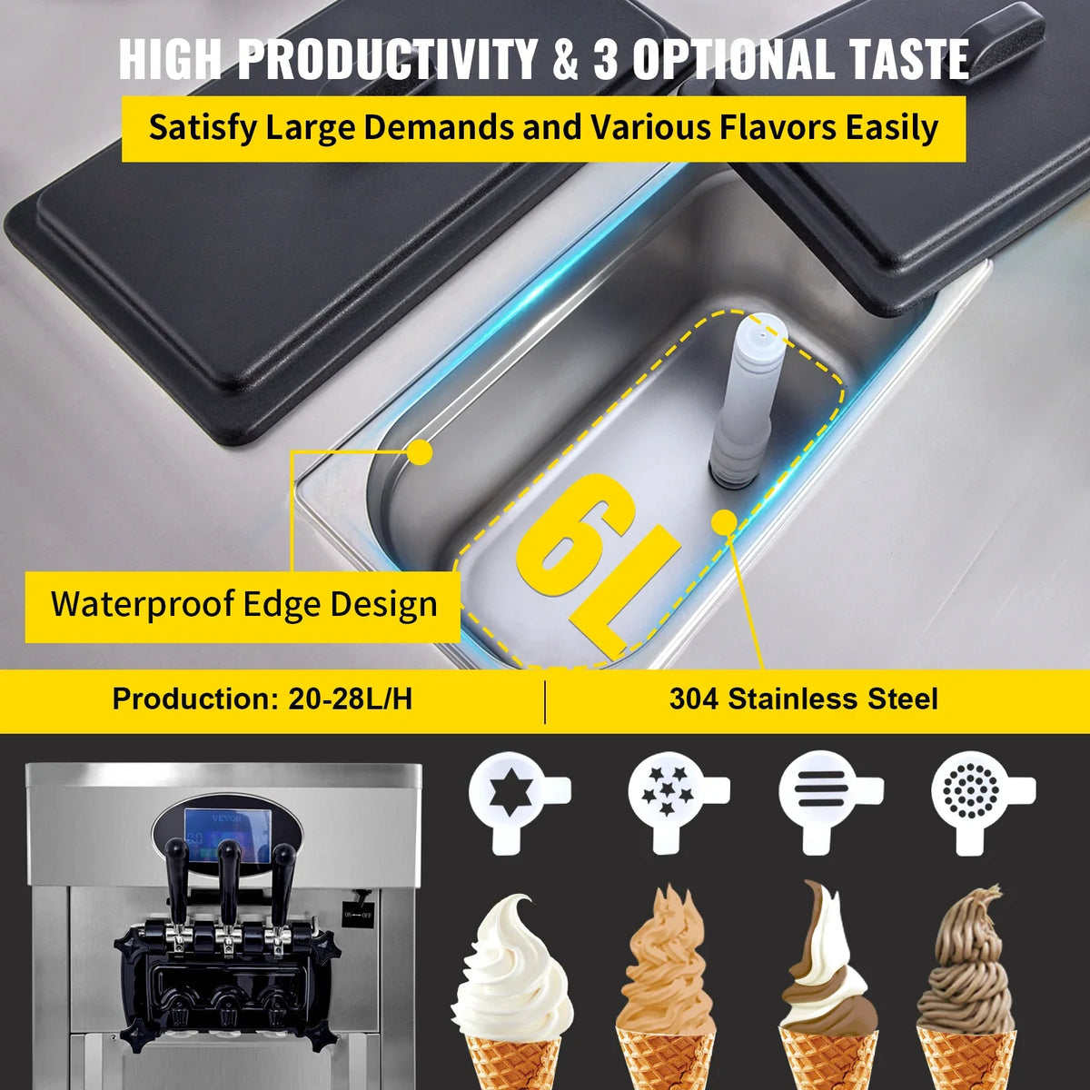 2200W Commercial Soft Ice Cream Machine 3 Flavors 5.3-7.4 Gal/H PreCooling at Night Auto Clean LCD Panel for Restaurants