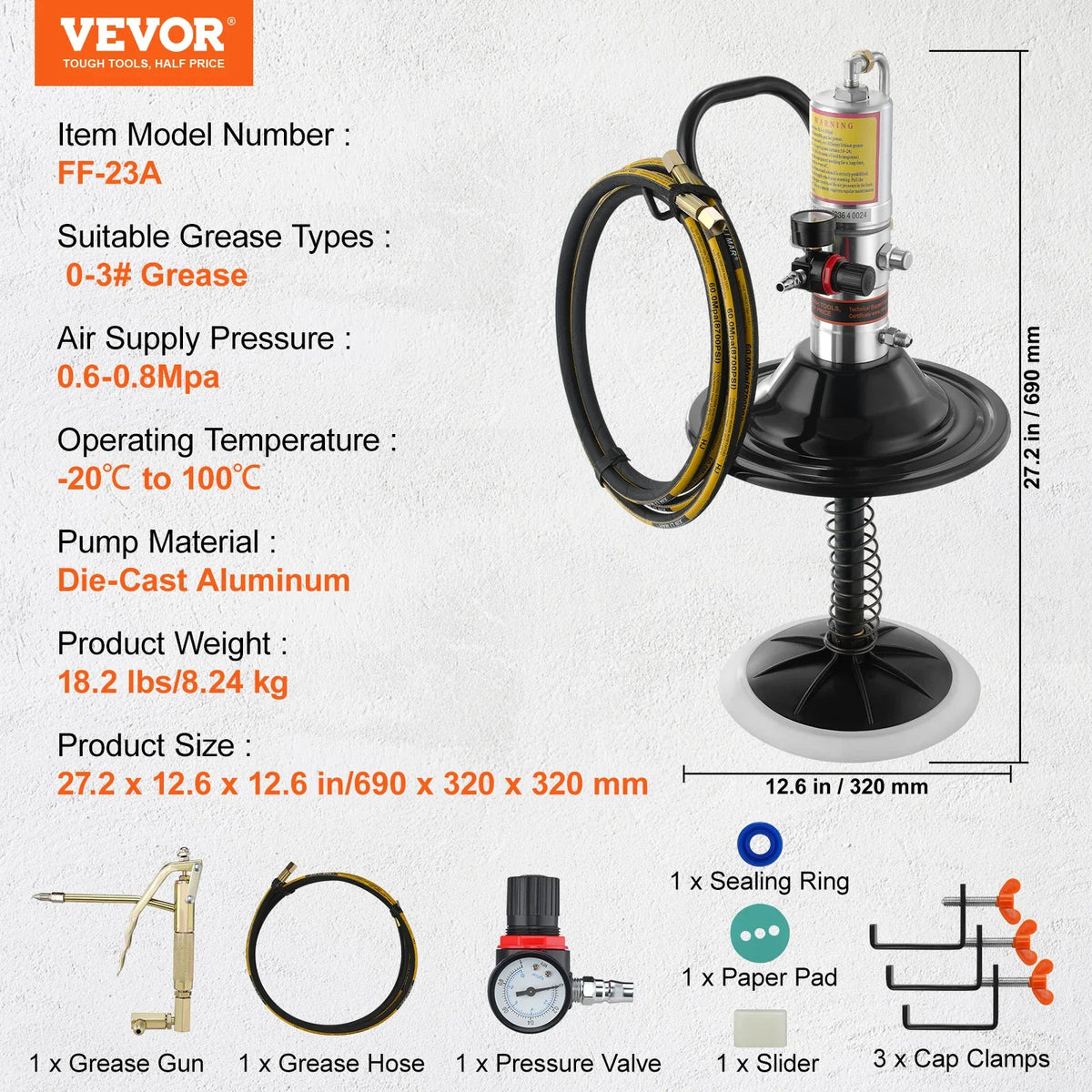 Grease Pump, 50:1 Pressure Ratio Air Operated Grease Pump w/13 ft High Pressure Hose and Grease Gun, Pneumatic Grease Pump
